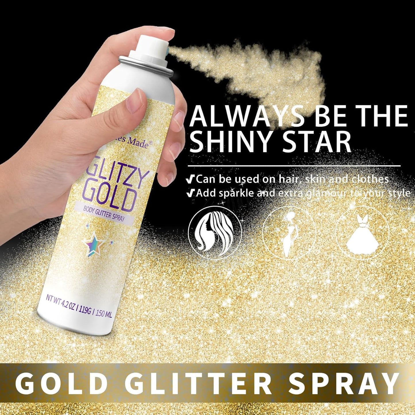 Hair Glitter Spray - 150ML Gold Body Glitter Hairspray for Kids & Women | Perfect for Festivals & Raves