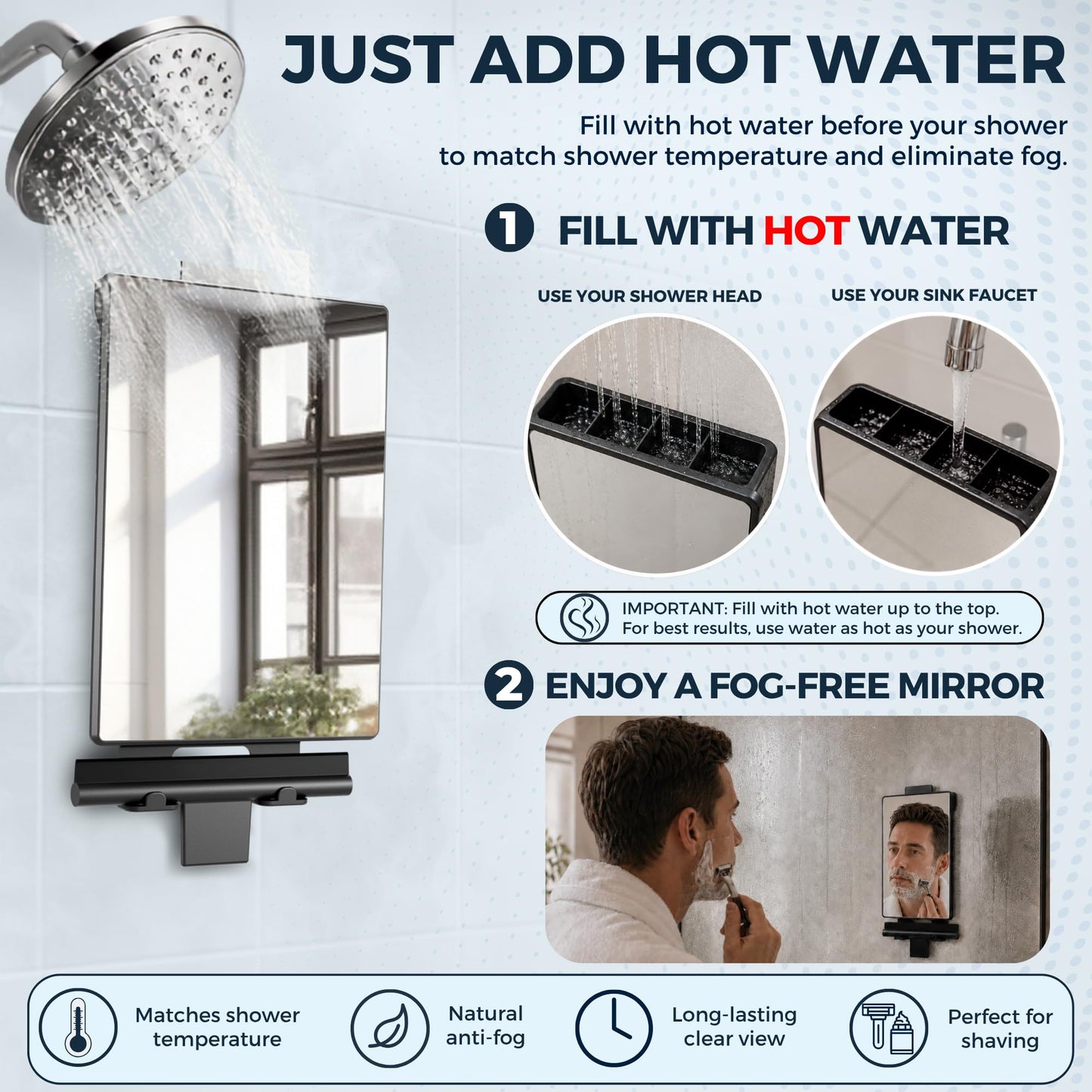 HONEYBULL Fogless Shower Mirror for Shaving with Water Tank, Adhesive Mount