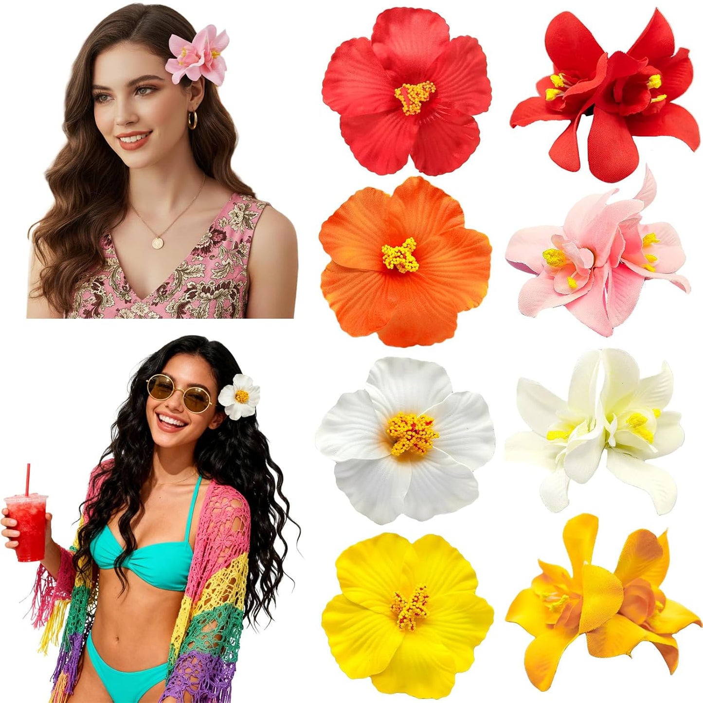 Hawaiian Flower Hair Clips - 8 Pcs Plumeria & Hibiscus Hair Claw Clips | 3.5 Inch Beach Accessories for Women & Girls