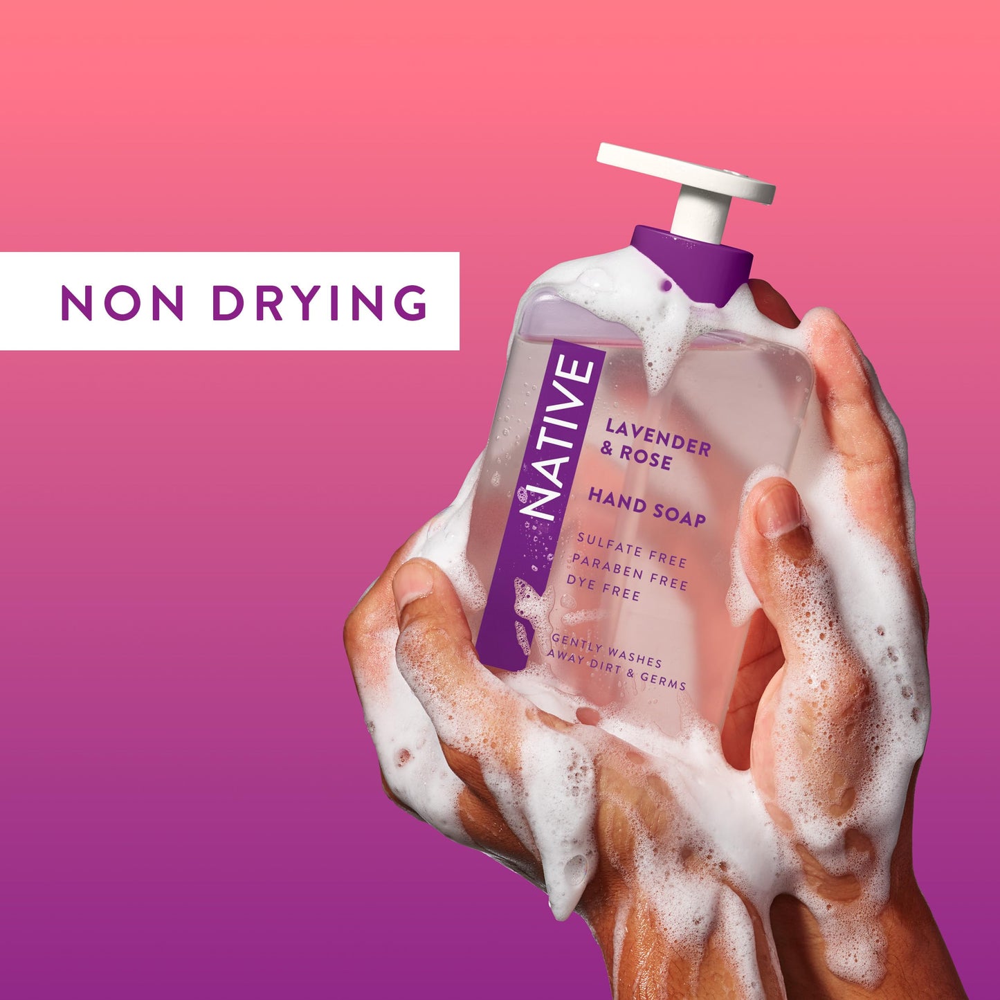 Native Liquid Hand Soap, Lavender & Rose Scent, Non-Drying Formula for Soft, Smooth Hands, Made with Plant-Based Cleansers, Sulfate & Paraben Free, 13 oz Bottle
