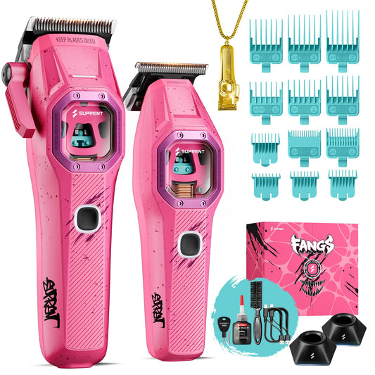 SUPRENT Fangs Professional Barber Clippers - High-Performance 13,000 RPM Vector Motor Hair Clipper Barber Trimmer Set, Professional Haircutting Kit with AI Speed Control, Patented U-Teeth Blade (PINK)