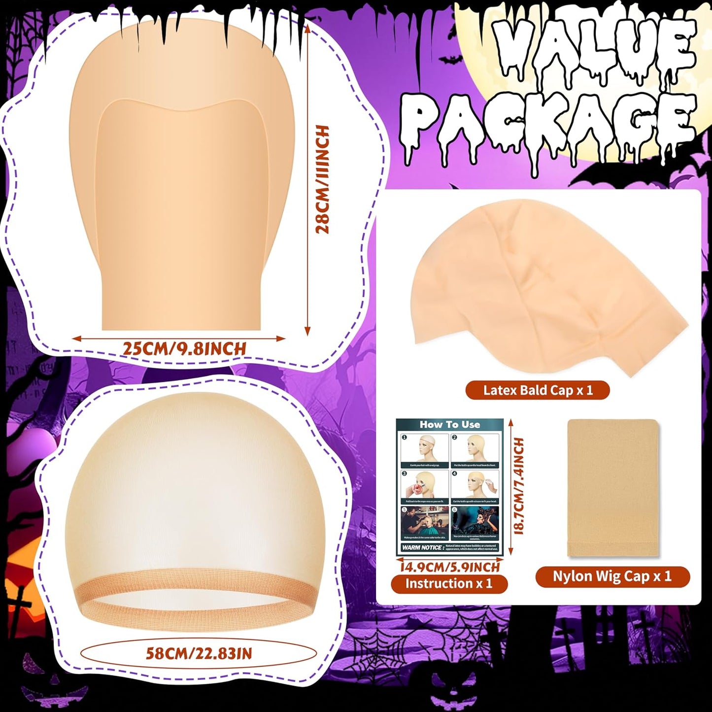 Bald Caps for Halloween - 2 Piece Latex Caps with Wig Cap for Men & Women | Costume Accessories