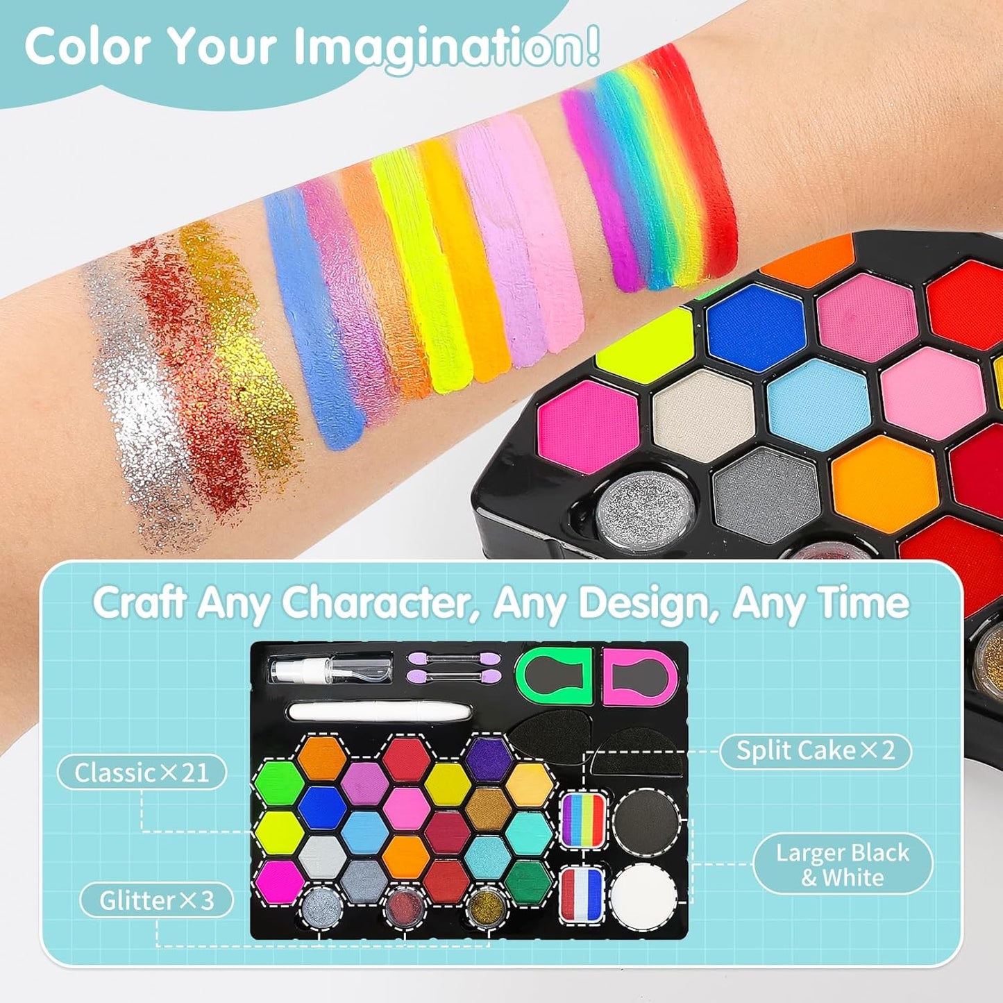 Face Painting Kit - 24 Color Water-Based Non-Toxic Paint Set with Brushes & Stencils | Ideal for Parties, Halloween & Birthdays