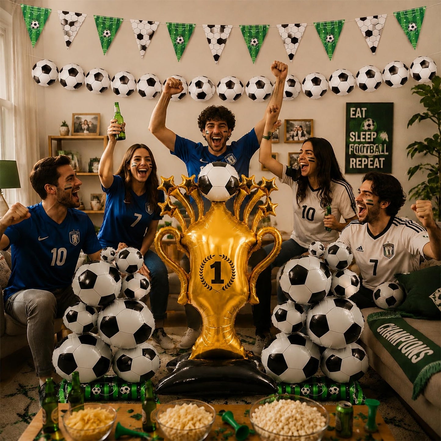 Dingpanxing 5PCS Soccer Party Decorations - 59" Trophy Balloon, Soccer Ball Foil Balloons, Pennant Banner for Birthday, Game Day, 2026 World Cup, Football Themed Party Supplies
