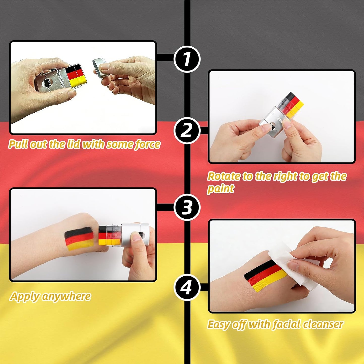 Germany Face Paint Stick Set - Hypoallergenic & Washable Body Paint for Soccer Fans | 3 Pack in Black, Red, Yellow