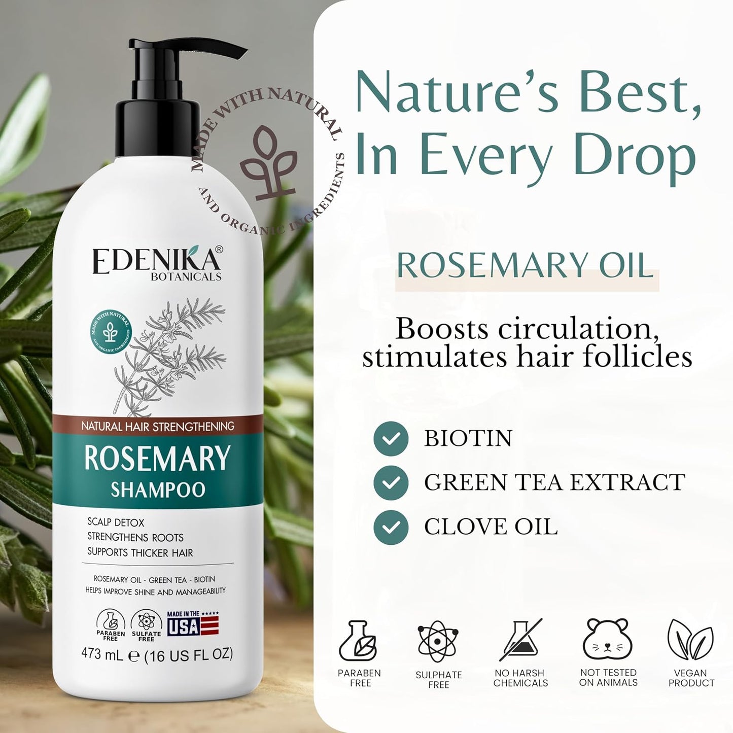 Rosemary Oil Shampoo - Biotin Formula for Thinning Hair | Sulfate-Free, Organic, 16 fl oz