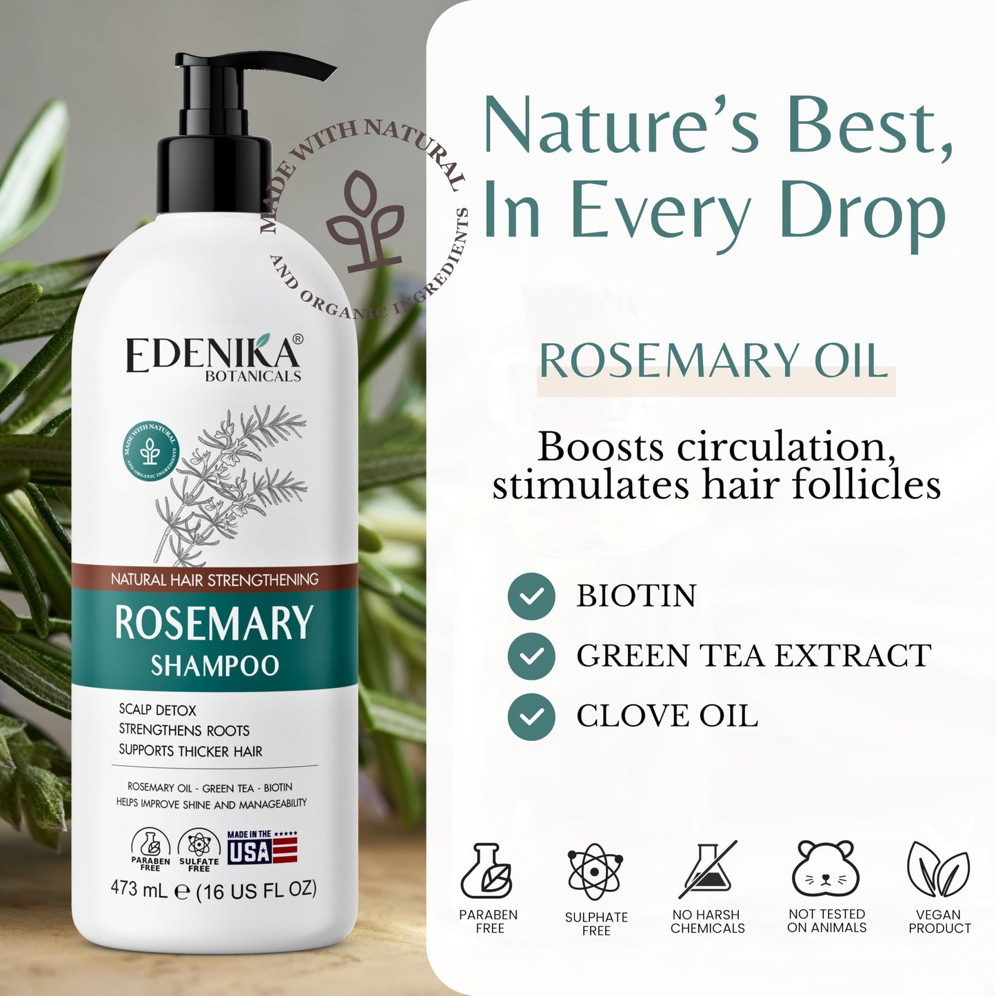 Edenika Botanicals Rosemary Oil Shampoo with Biotin for Thinning Hair & Anti-Hair Loss, Strengthening Botanical Formula, Women & Men, Sulfate-Free, Organic, 16 fl oz