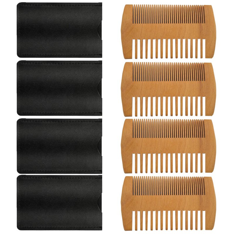 4 Pack Double-Sided Pocket Comb, Wooden Dual Action Beard and Mustache Comb Set with Leather Cases for Beards and Mustaches, Everyday Styling Comb For Detangling Knots (Rosewood)