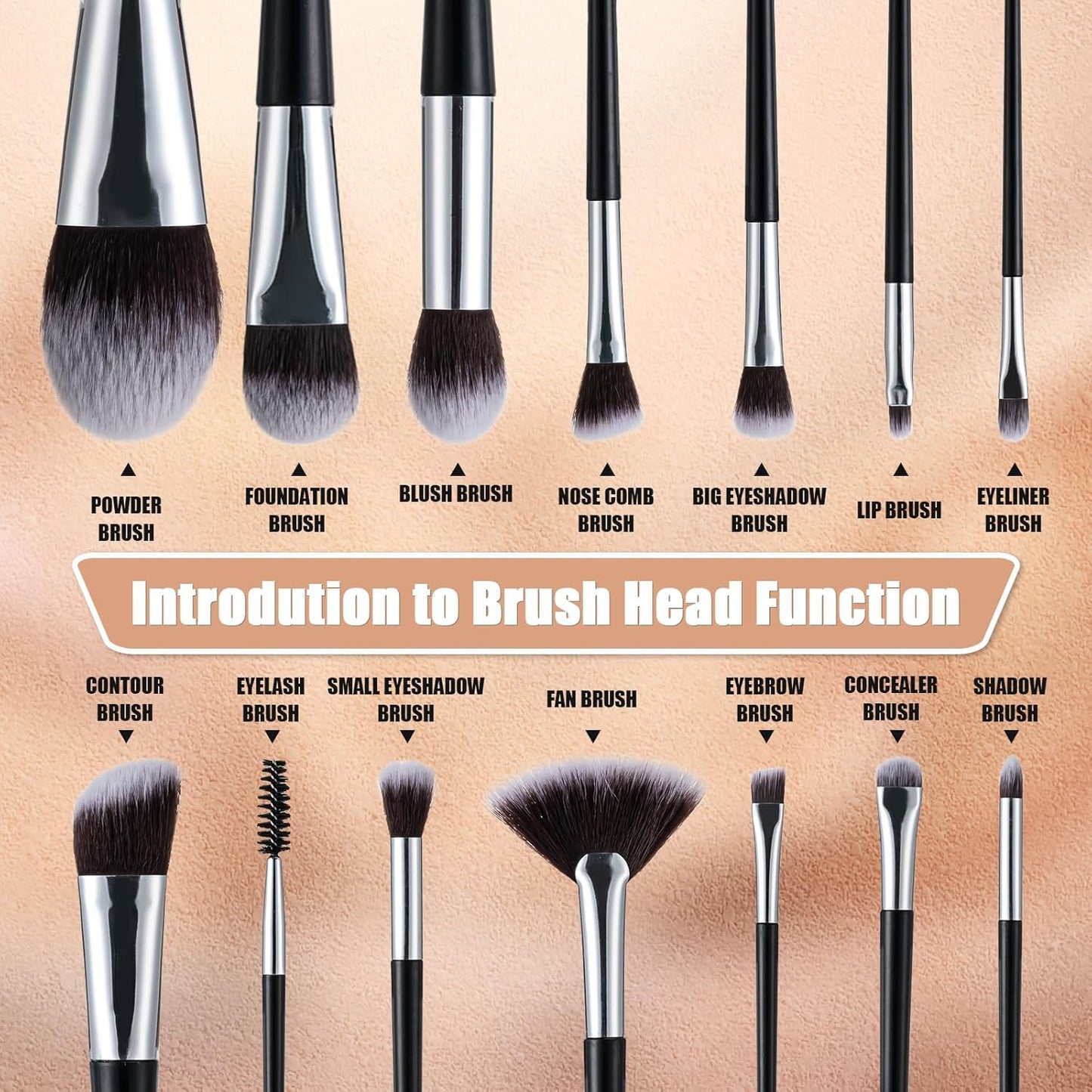 Professional Makeup Brush Set - 14 Pcs Eye & Face Brushes with PU Bag | Black
