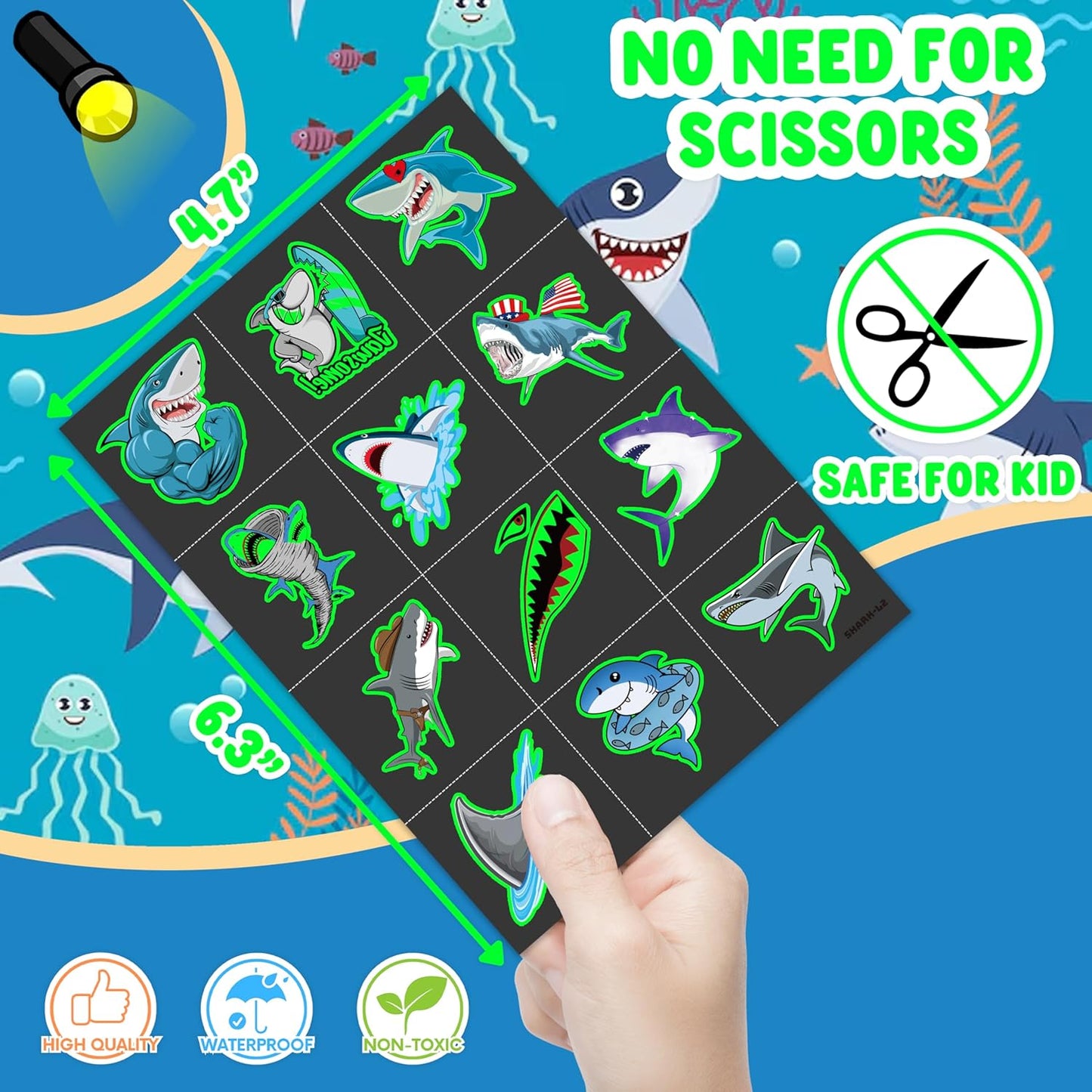 Glow In The Dark Shark Temporary Tattoos - 96 PCS Ocean Animal Party Decor | Fun Kids' Gifts & Rewards