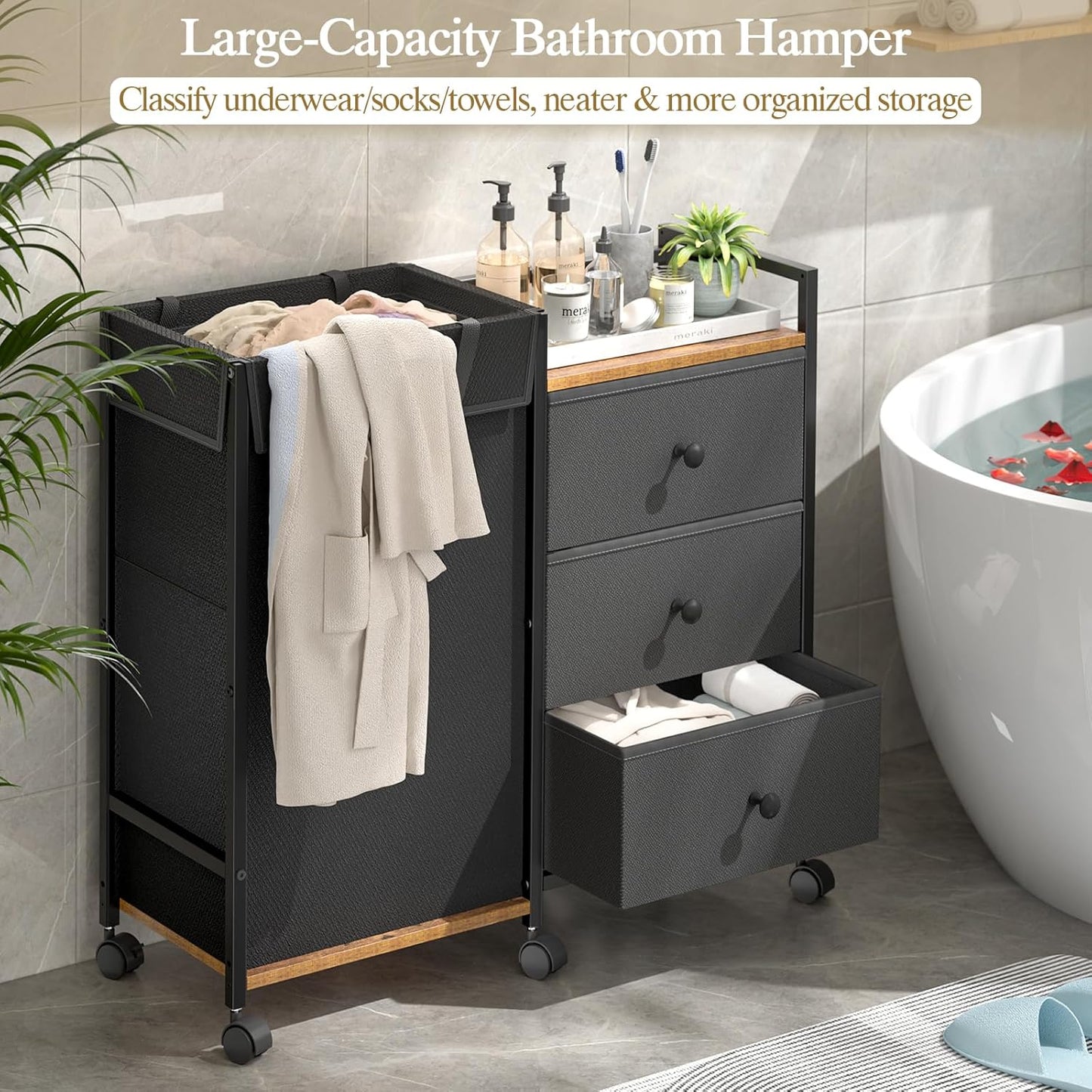 Laundry Hamper with Wheels - 123L Capacity Laundry Sorter with Shelf & 3 Drawers | Detachable Fabric Bags for Bedroom & Bathroom