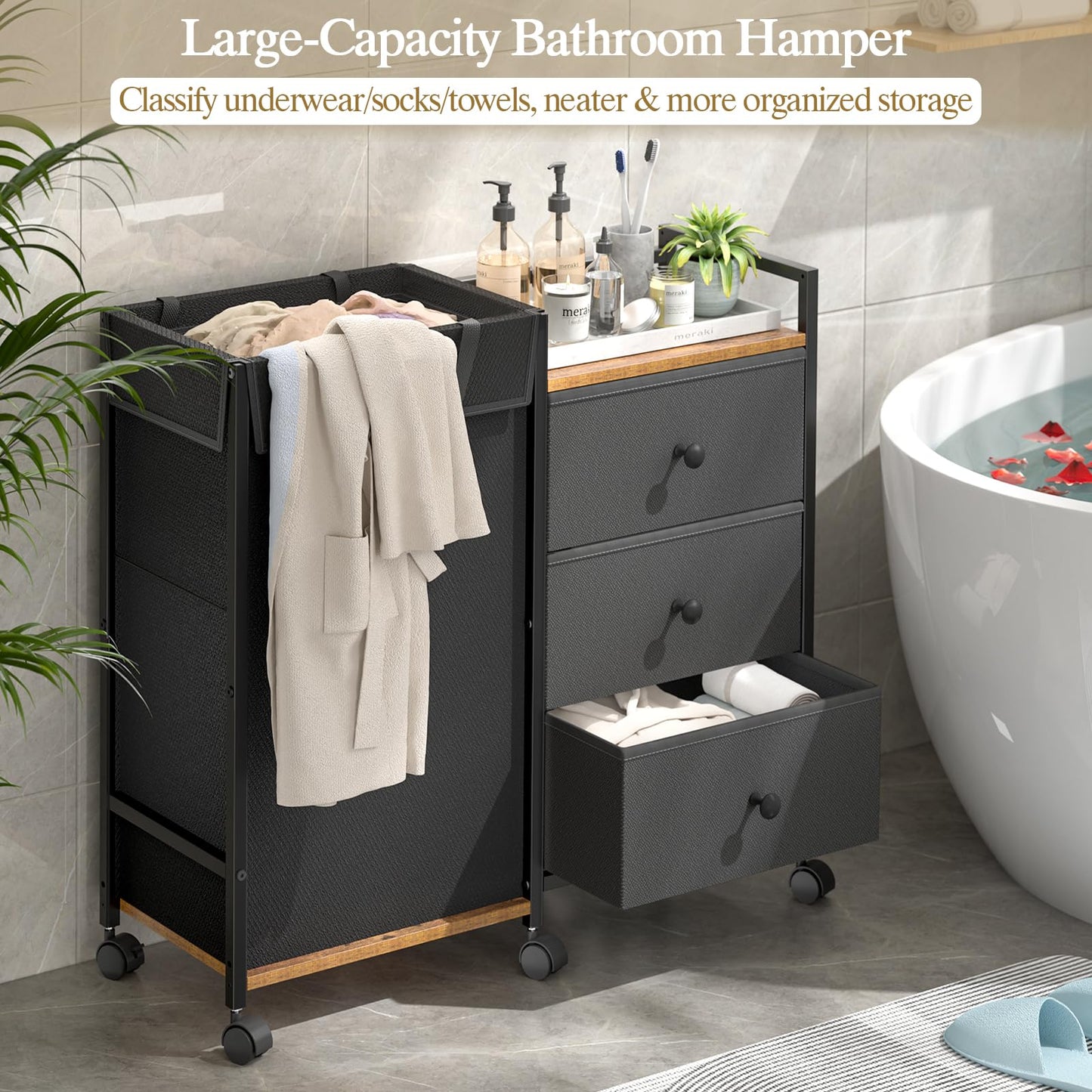 Laundry Hamper with Wheels, Laundry Sorter with Shelf and 3 Drawers, Total Capacity 123L/32.5 Gal (3 Drawers+Bags), Laundry Cabinet with Fabric Detachable Bags, Clothes Hampers for Bedroom Bathroom
