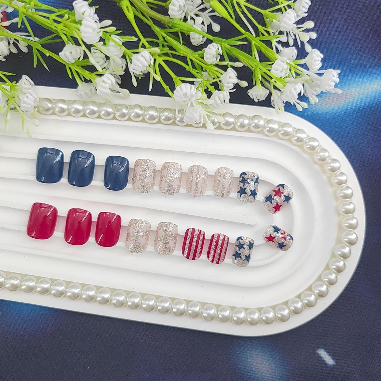 Press On Nails - Short Square Red, White & Blue Acrylic Nails with Glitter Stars | 4th of July Designs, 24 Pcs
