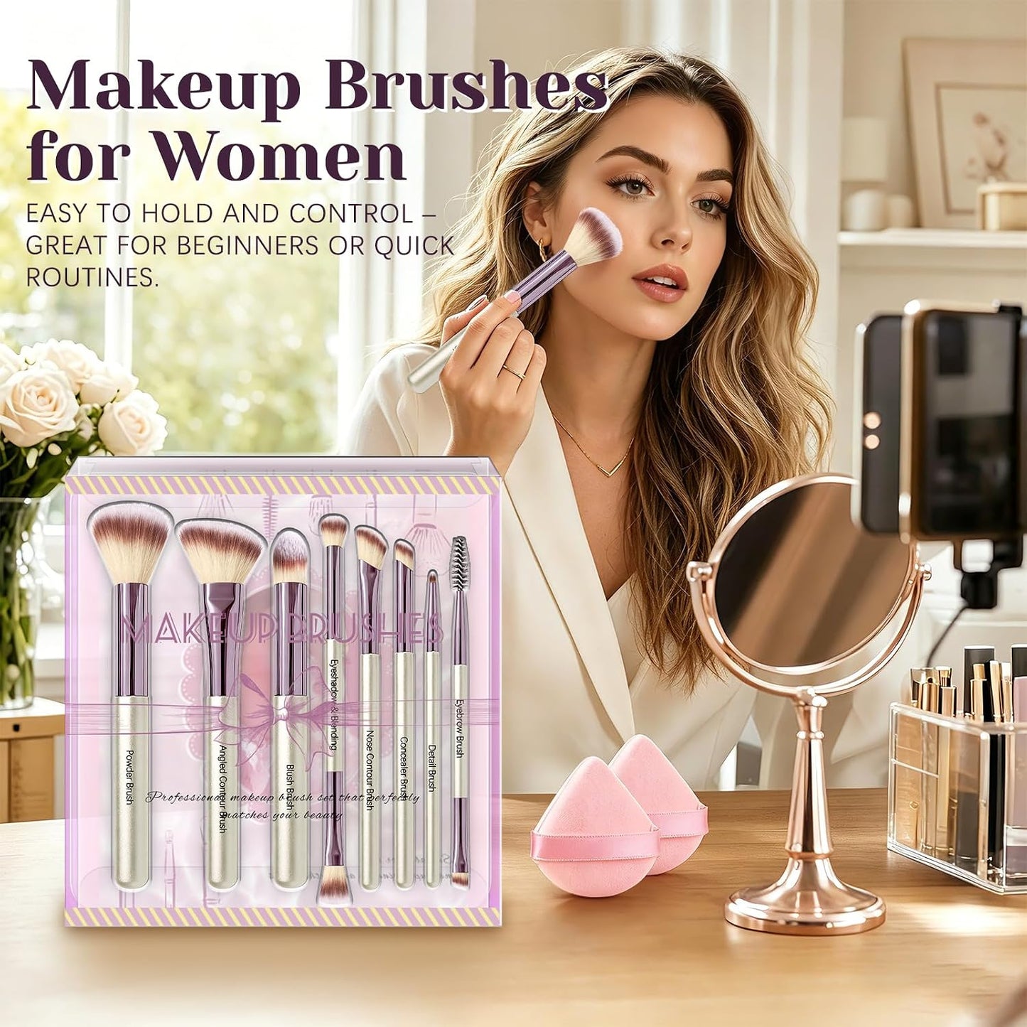 Makeup Brush Set - Premium Synthetic Brushes with 2 Puffs | 8-Piece Kit for Powder, Concealers, Eyeshadows & Blush - Gift Box Included