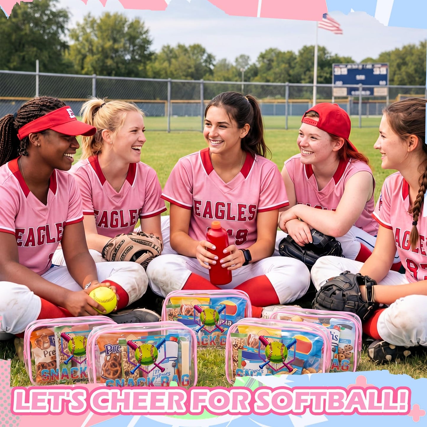 Sunnymove 12 Pcs Softball Party Favors Ice Cream Drip Snack Bags Cute Sport Gifts for Girls Women Makeup Bag Bulk Clear PVC Cosmetic Case Travel Handbag for Team Gift, 7.09 x 4.72 x 2.36''