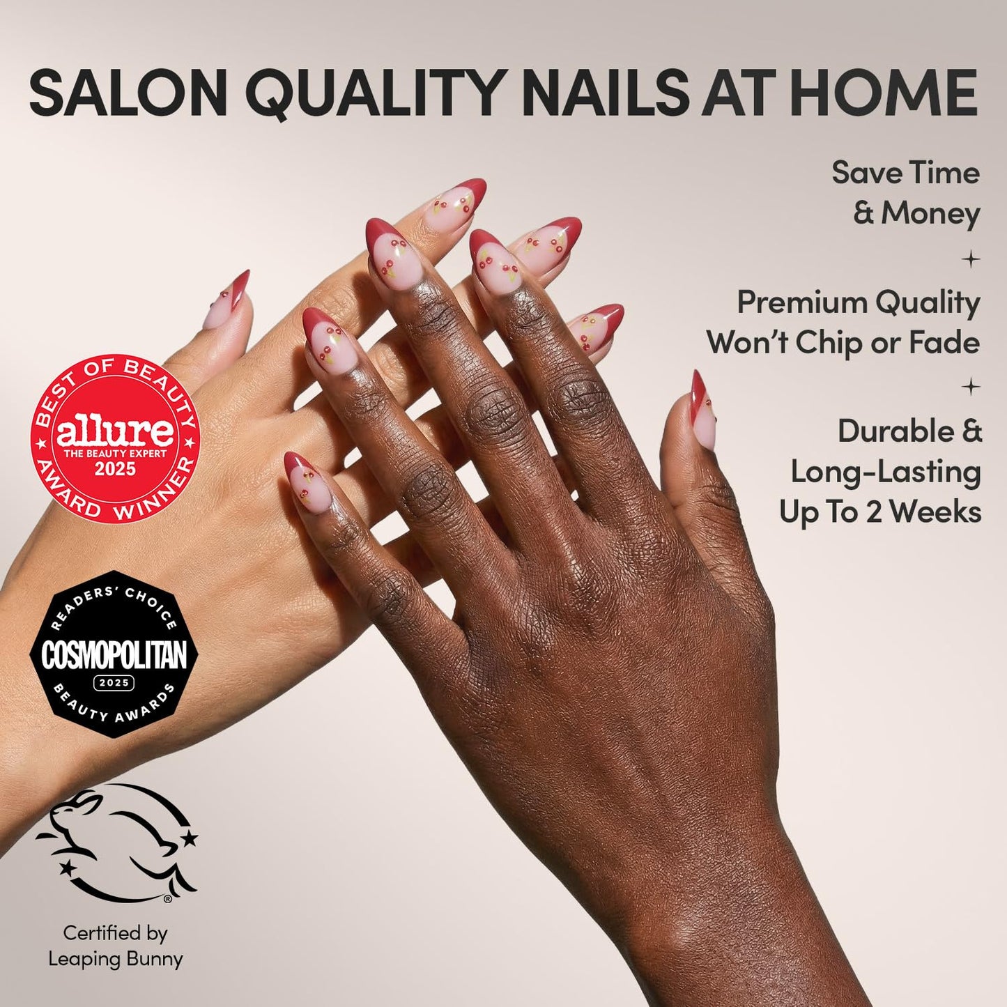 Glamnetic Press On Nails - Cherry Bomb Short Almond Fake Nails with Glossy Red French Tips | 30 Nail Kit with Glue in 15 Sizes