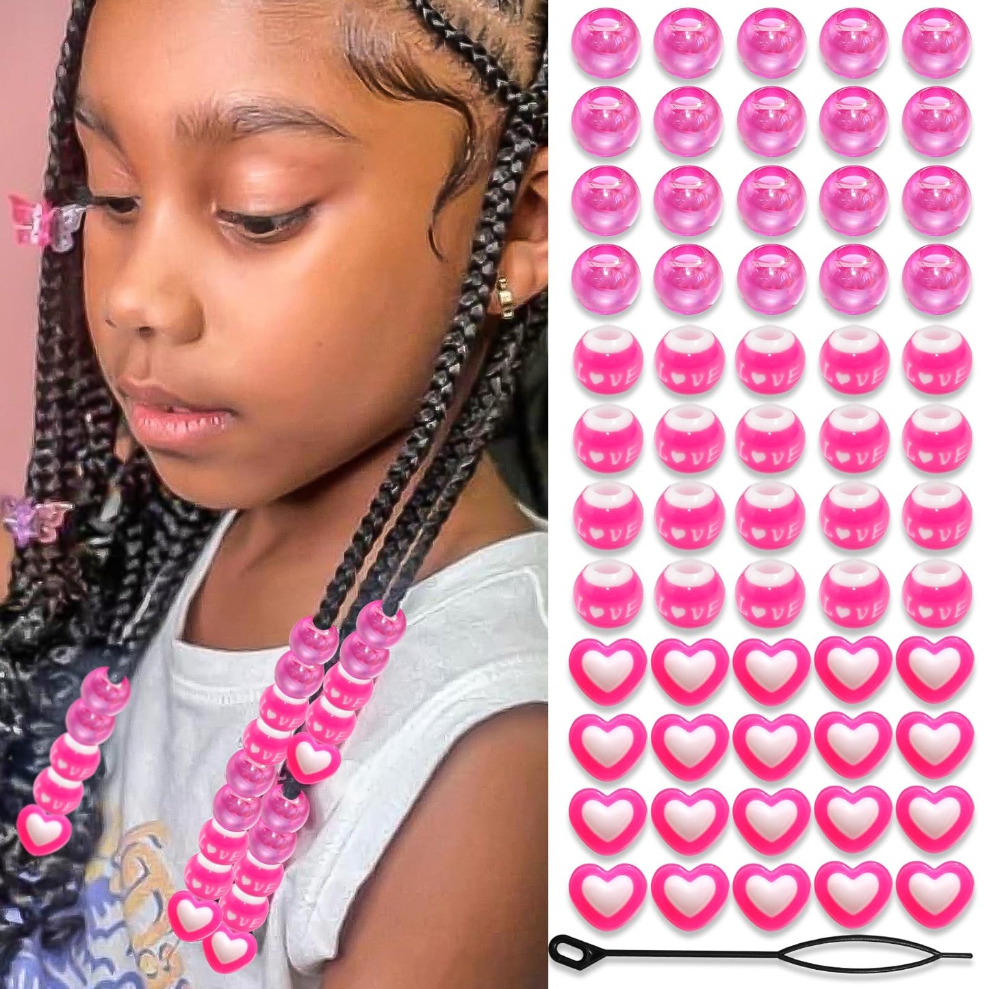NAISKA 60PCS Hot Pink Heart Beads for Hair Round Beads for Braids Love Loc Dreadlock Jewelry Cute Kids Girls Valentine's Day Hair Braids Accessories