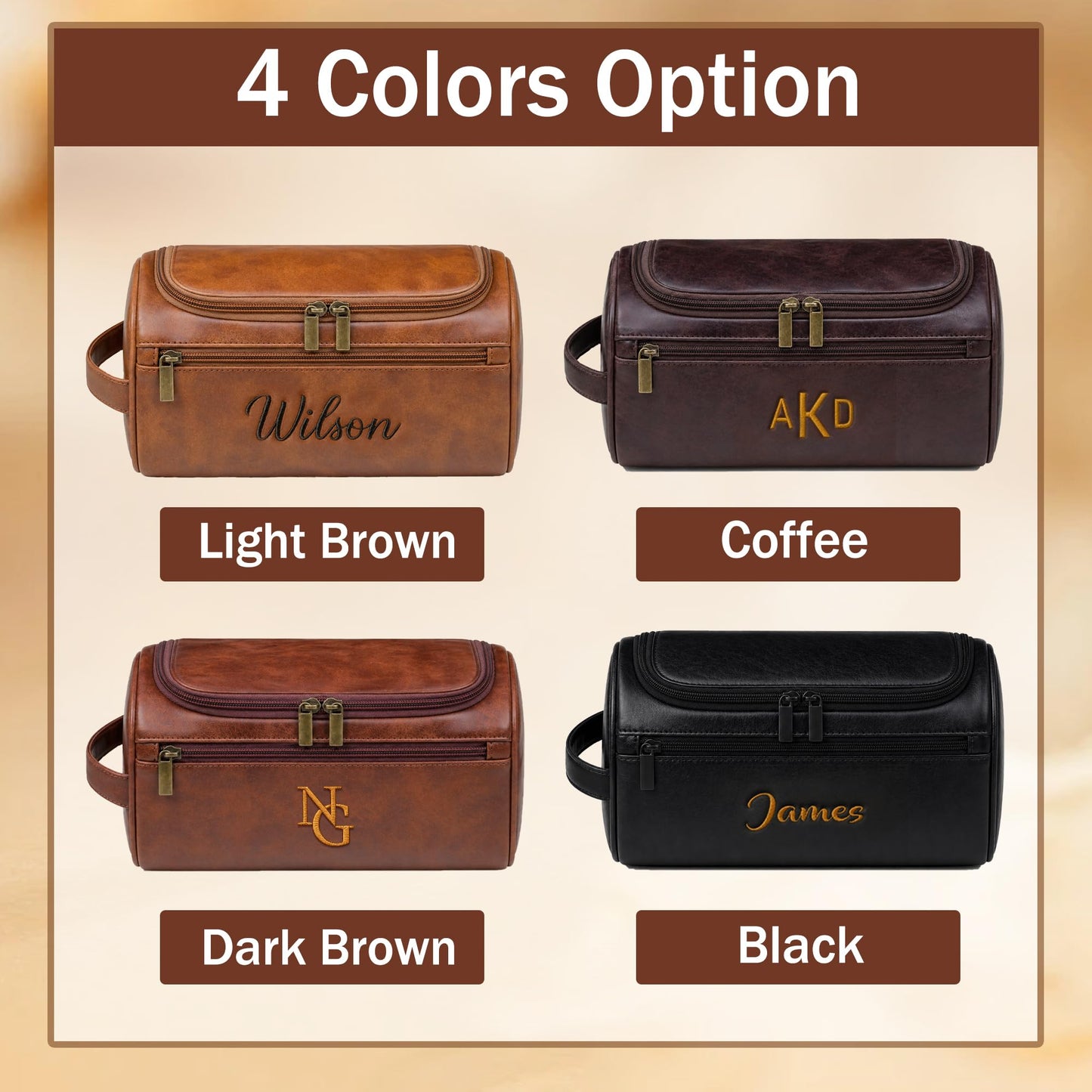 Personalized Toiletry Bag for Dad, Custom Embroidery with Name Letter PU Leather Waterproof Toiletry Organizer Dopp Kit Travel Essential for Men Husband Groomsmen Father's Day Anniversary (Coffee)