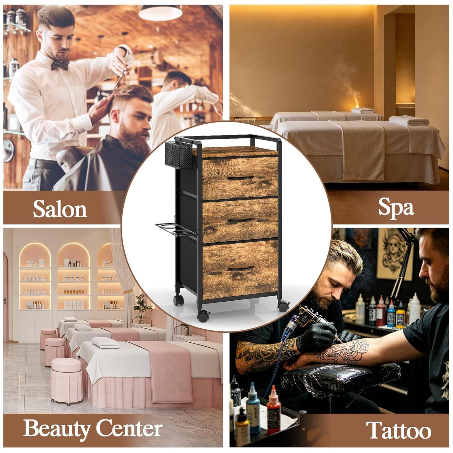 Rolling Salon Trolley Cart - Mobile Hair Stylist Station with Metal Tool Holder & 3 Fabric Drawers | Rustic Brown