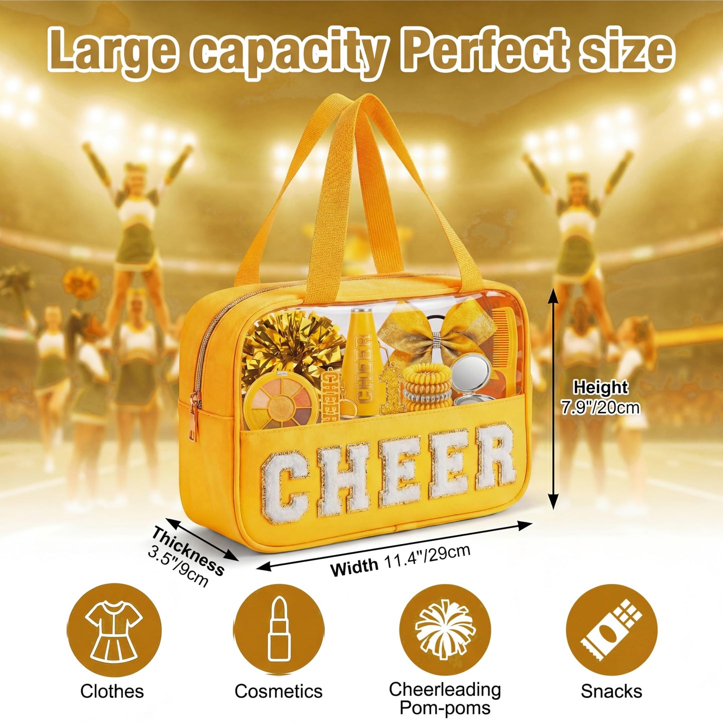 KYTACCU Cheer Makeup Bag Cheerleader Gifts Cheer Chenille Letter Cosmetic Bag Cheerleading Competition Accessories Clear Travel Toiletry Pouch for Girls Women-Yellow