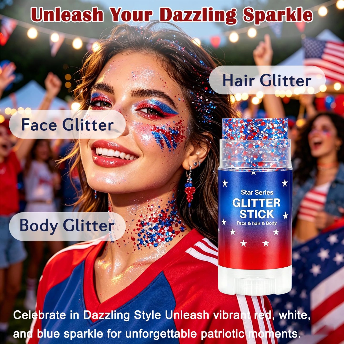 Patriotic 4th of July Body Glitter Stick, Hair Glitter for Kids, Red White and Blue Star Face Glitter Stick, USA Flag Makeup for 250th Independence Day Accessories, 4th of July Outfits for Women