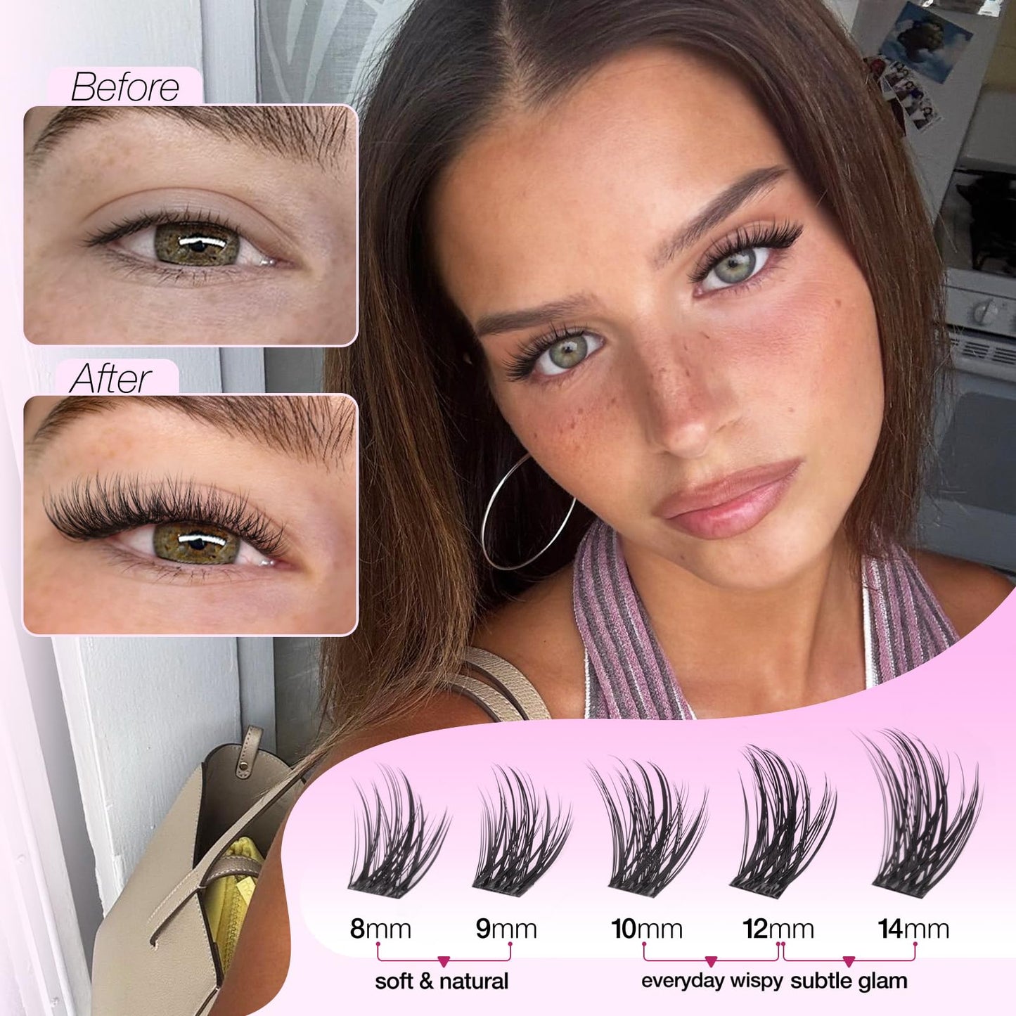 Yawamica Natural Lash Clusters DIY Eyelash Extensions, 8-14mm Short Wispy Eyelash Clusters CC Curl Individual Lashes with Soft Thin Band, Salon-Level Look for Everyday Wear