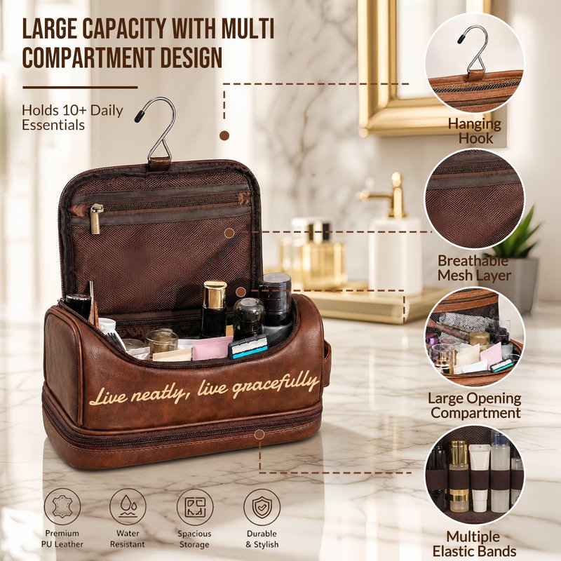 Personalized Toiletry Bag for Men, Custom Toiletry Bag Engraved with Name Text, Mens Leather Travel Shaving Dopp Kit, Personalized Fathers Day Birthday Gifts for Men Dad Husband Grandpa (Style 2)