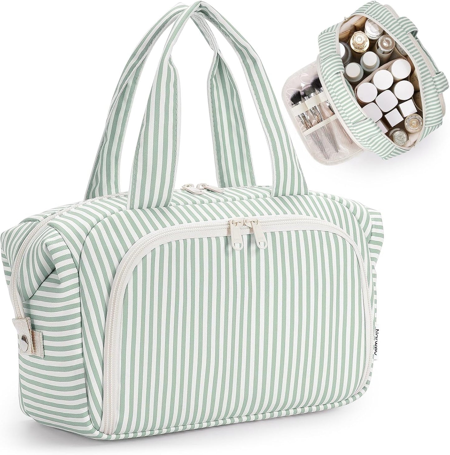 Travel Toiletry Bag for Women - Large Makeup Organizer with Handle | Wide Open Design, Wet Pocket - Dusty Pink Checker
