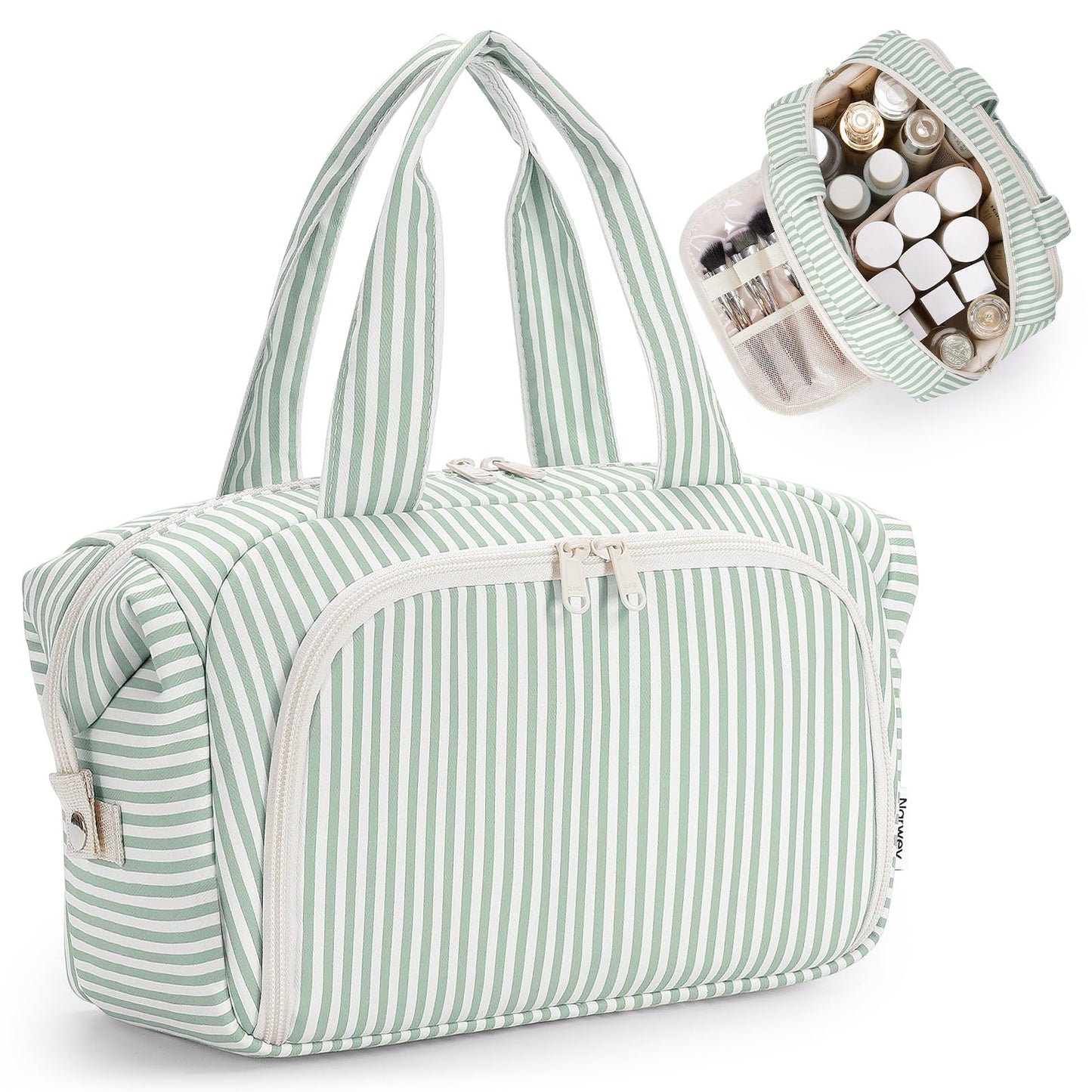 Narwey Travel Toiletry Bag for Women, Wide Open Large Makeup Bag, Cosmetic Bag Make Up Organizer with Handle, Wet Pocket for Towel, Travel Bag for Toiletries, Brushes, Essentials (Mint Green Stripe)