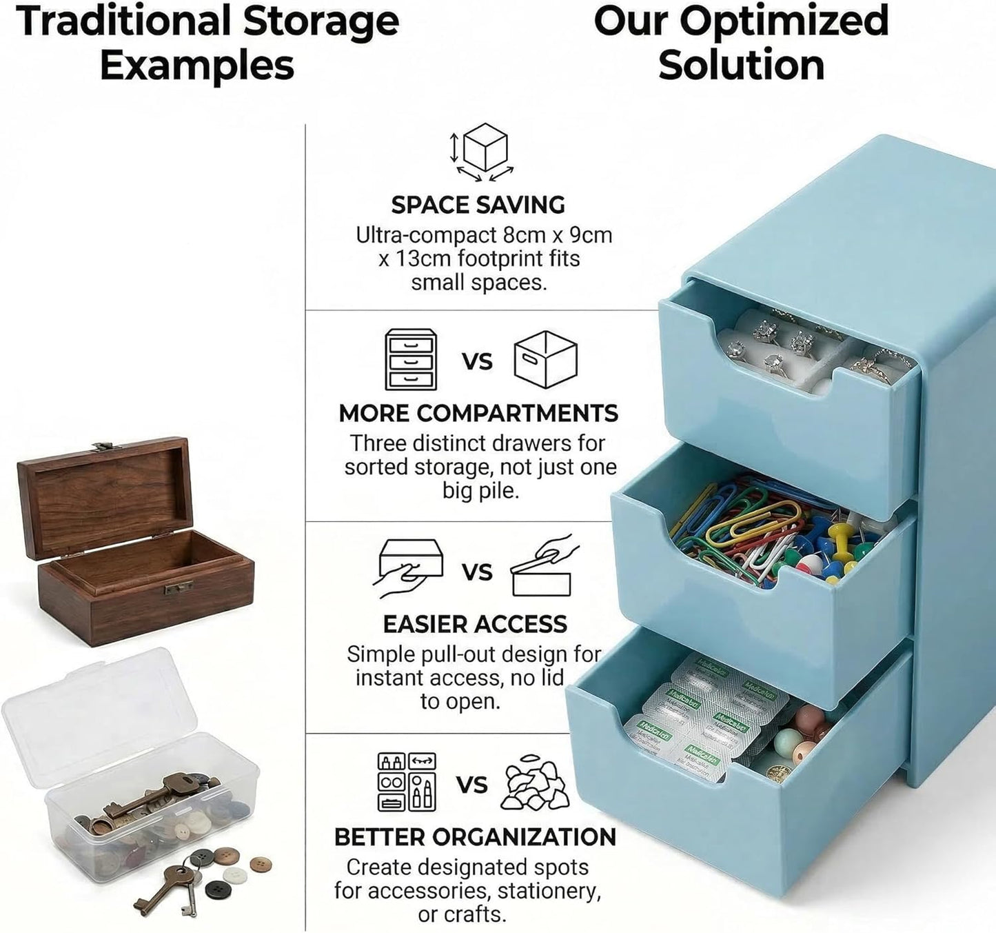 Mini Blue Plastic 3-Drawer Organizer - Hair Accessories & Makeup Storage | Compact Desktop Box for Girls