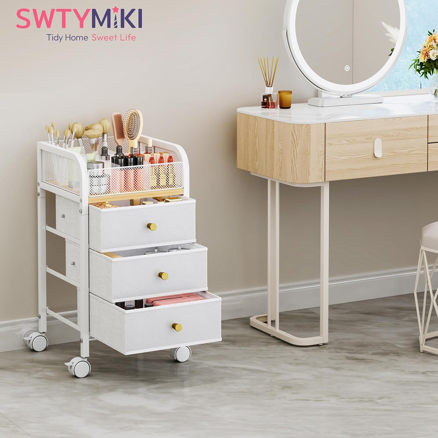 Rolling Makeup Organizer Cart - Under Desk Vanity Storage with 3 Drawers | Cosmetic Display & Nail Tool Cabinet