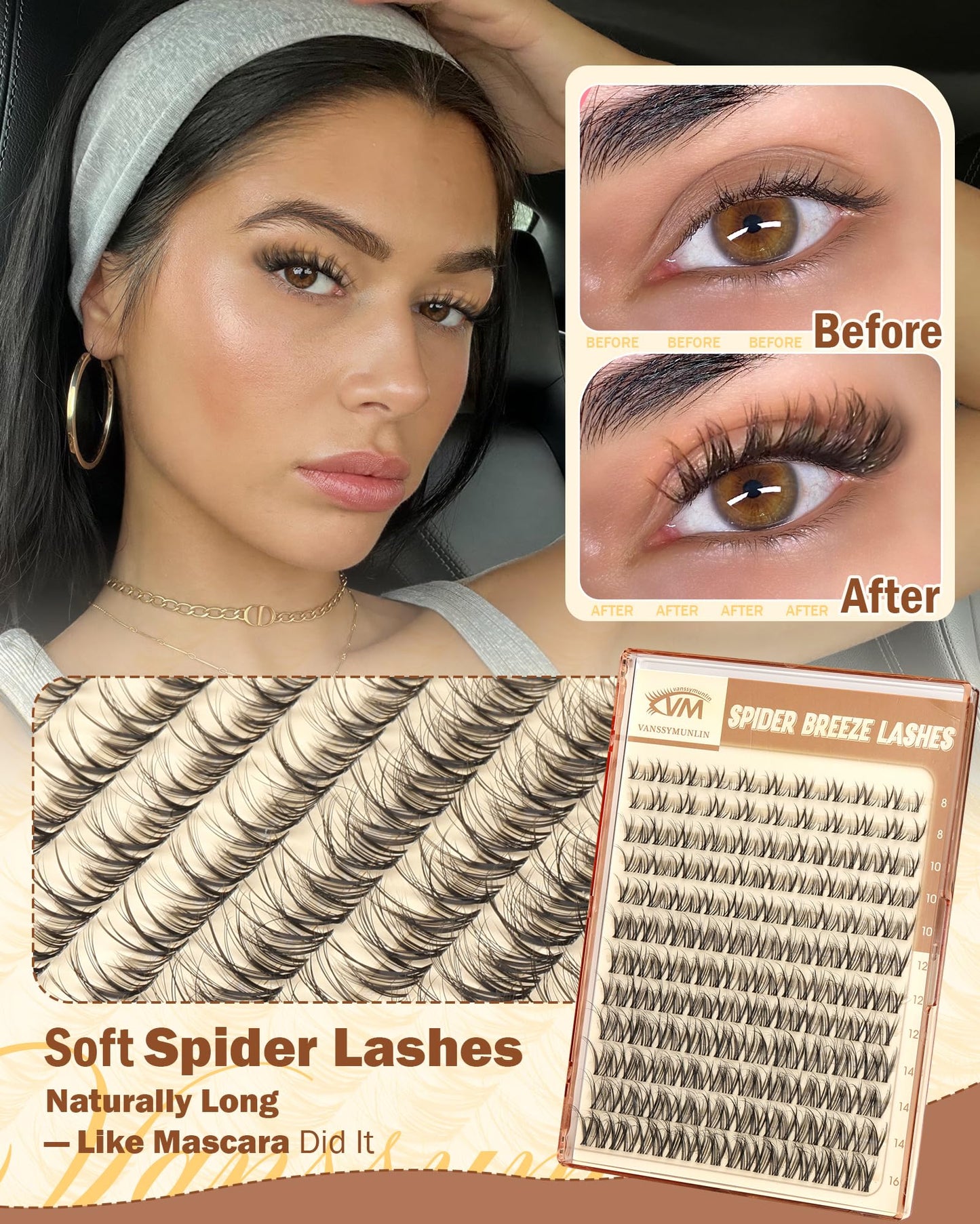 Spider Breeze Lash Clusters, Wispy Natural Eyelash Clusters D Curly Lashes Cluster Venus 8-16mm Cluster Eyelash Extensions Reusable Individual Lashes with Invisible Band for DIY at Home Vanssymunlin
