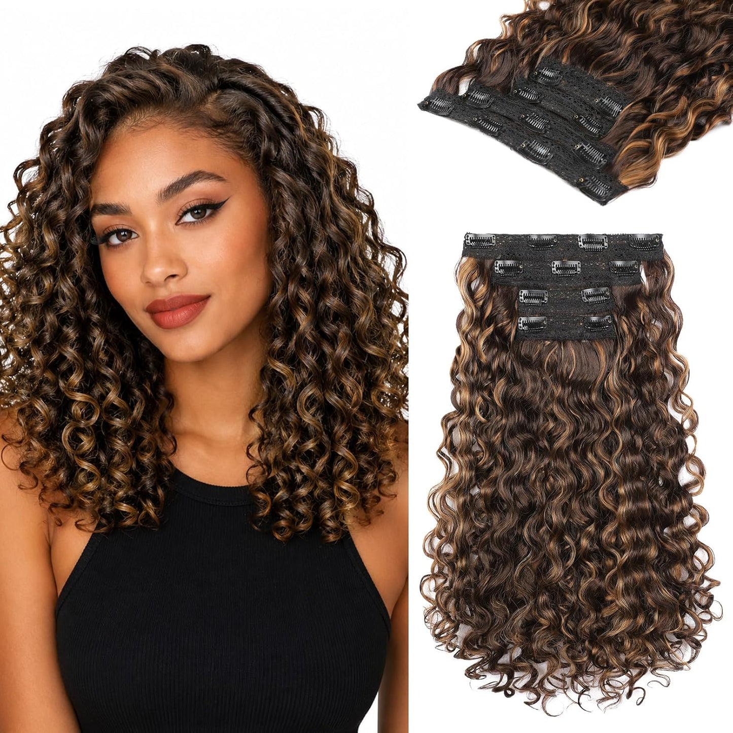 Curly Hair Extensions - 4PCS 18" GoGo Curly Clip-Ins | 100% Protein Hairpieces, Honey Blonde Highlights