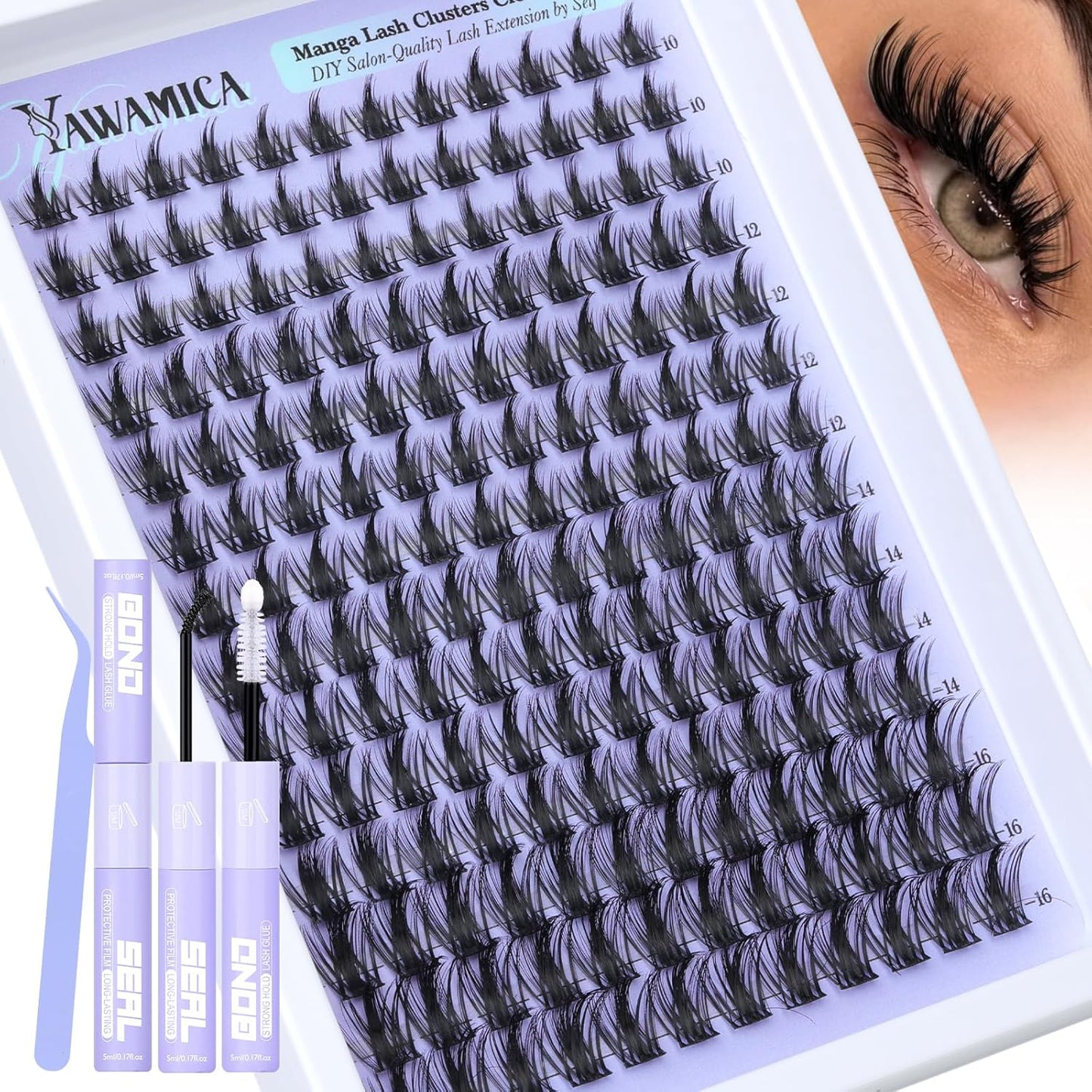 Eyelash Extension Kit - Fluffier Thick Volume 14-20mm D Curly Mink Lash Clusters | 240pcs DIY Individual Lashes with Bond, Seal & Applicator