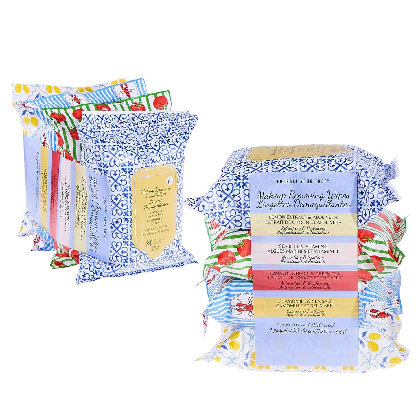 Makeup Removal Wipes - 120pc Variety Set with Hyaluronic Acid, Collagen & Rose Water | 4-Pack Cleansing Towelettes