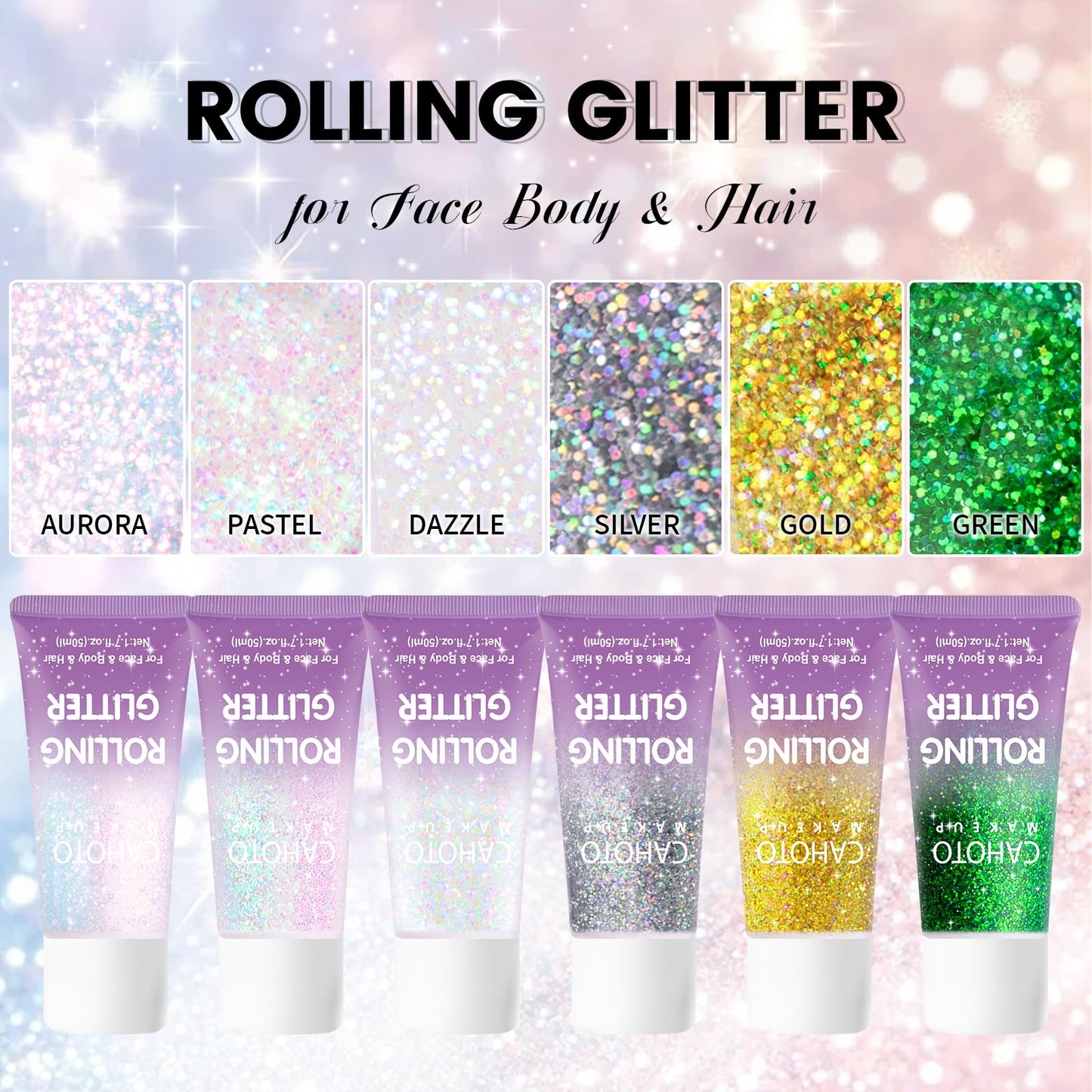 CAHOTO Aurora Rolling Glitter, Shimmer Gel for Face Body & Hair