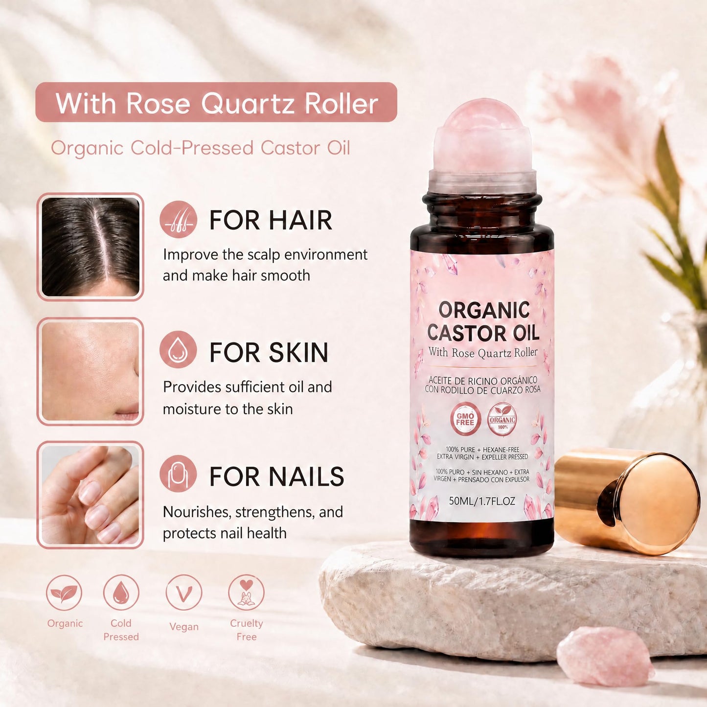 Narvokey Organic Castor Oil Roll On with Rose Quartz Roller, 100% Cold Pressed, Hexane-Free, for Face, Body, Hair, and Eyebrows (1)