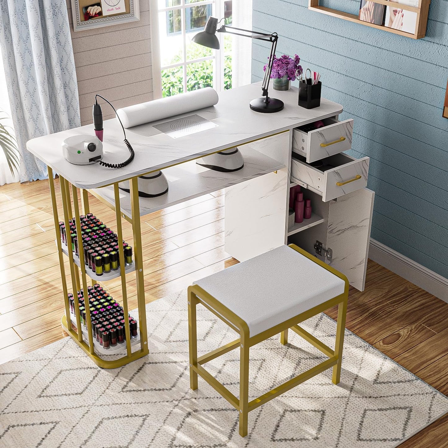 Manicure Table - Professional Nail Desk with Dust Collector & Stool | Modern White Design with Storage Cabinet & Drawers
