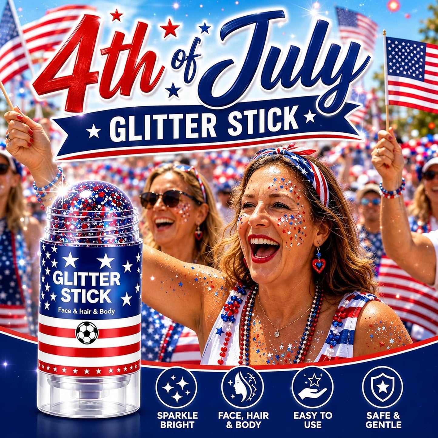 Patriotic Body Glitter Stick - Red, White & Blue Waterproof Glitter for 4th of July | Perfect for Hair & Face