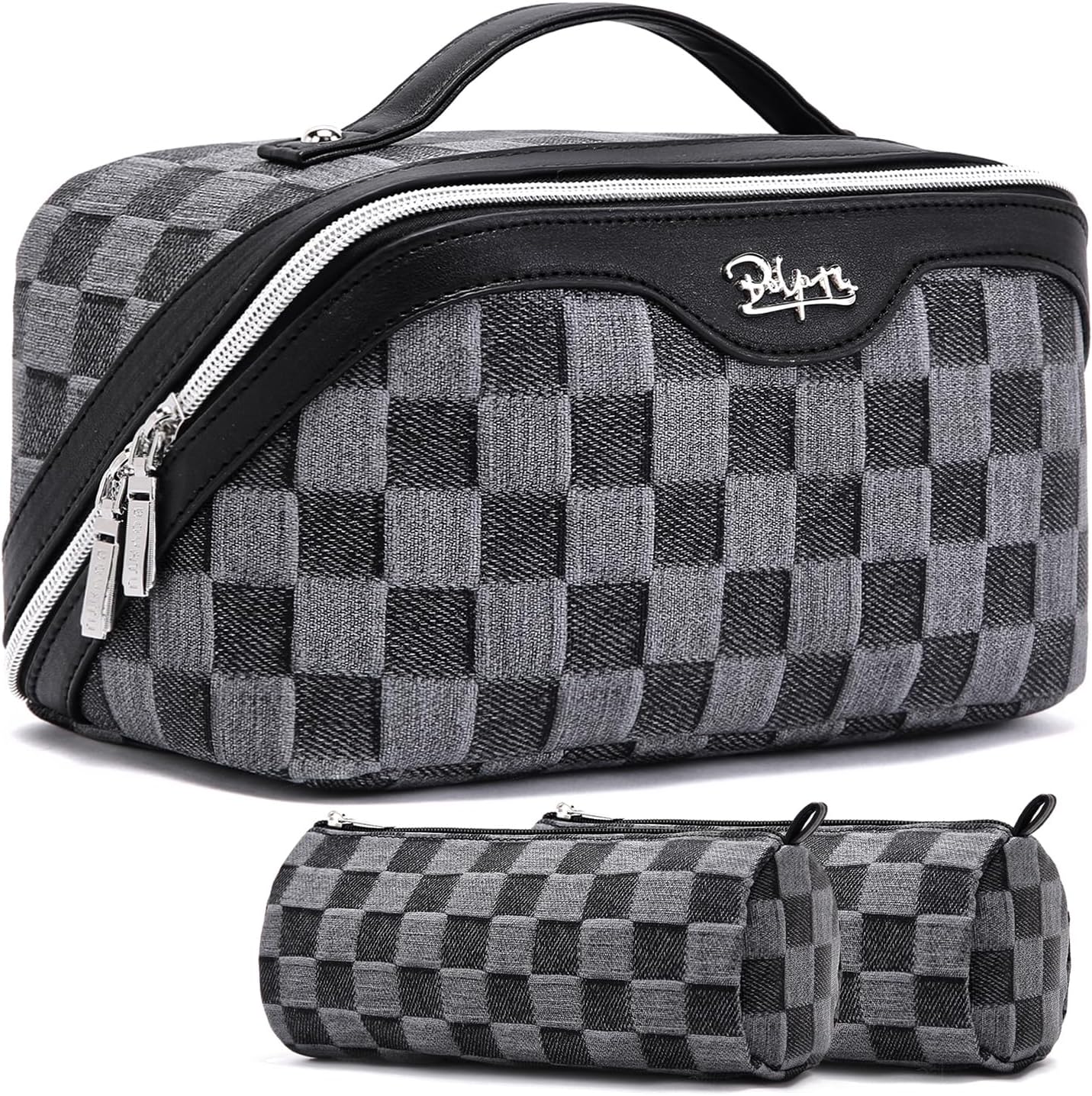 Travel Makeup Bag Set - Large Vegan Leather Cosmetic Organizer with Handle | 3 Pcs Portable Toiletry Bags in Coffee