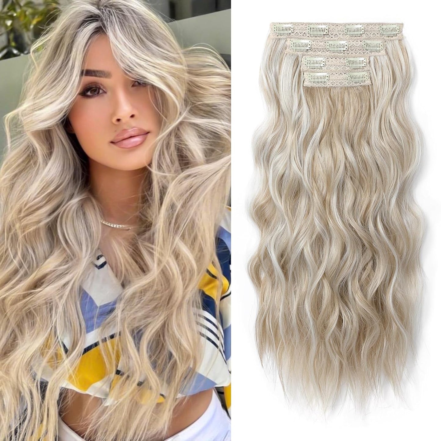 REECHO Clip-In Hair Extensions - 24" Thick Blonde Beach Waves | Invisible Lace Weft, Natural Soft Hairpieces for Women