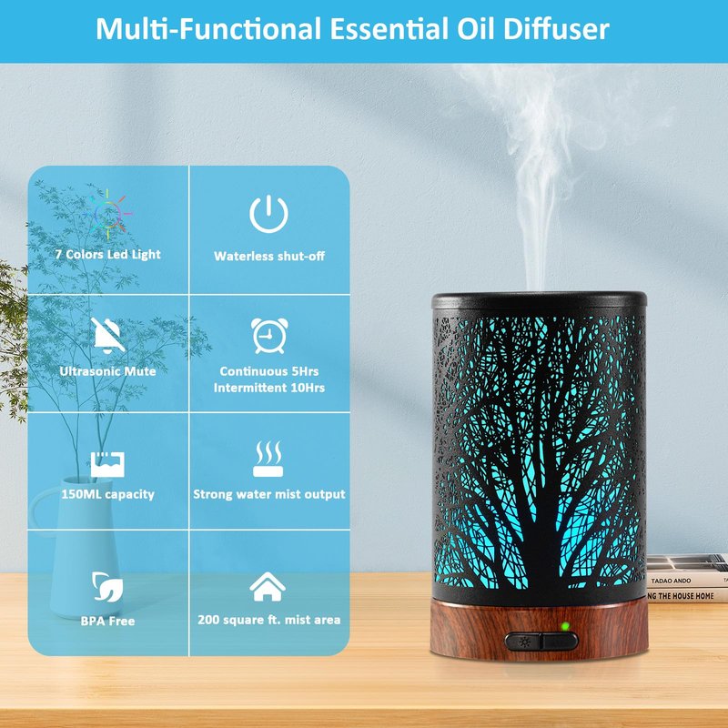Essential Oil Diffuser - 150ML Metal Aromatherapy Diffuser for Essential Oils with 7 Colors Lights Gifts for Mom Auto Shut-Off & Ultrasonic Cool Mist Diffuser, Ambience for Home