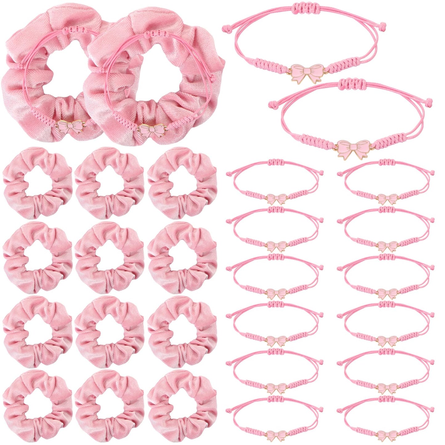 BRIOYHA Coquette Party Favors Set,12 Pink Hair Scrunchies with 12 Bow Bracelets, 24Pcs Pink Coquette Accessories for Girls Birthdays, Sleepovers, Bachelorette & Cheerleading Teams