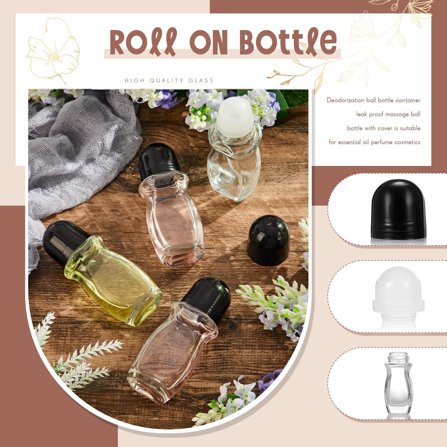 Tioncy 3 Pcs 50ml Empty Glass Roller Bottles Deodorant Roll on Bottles Containers with Plastic Roller Ball Massage Leakproof Refillable Applicator with Cap for Cosmetics Essential Oils