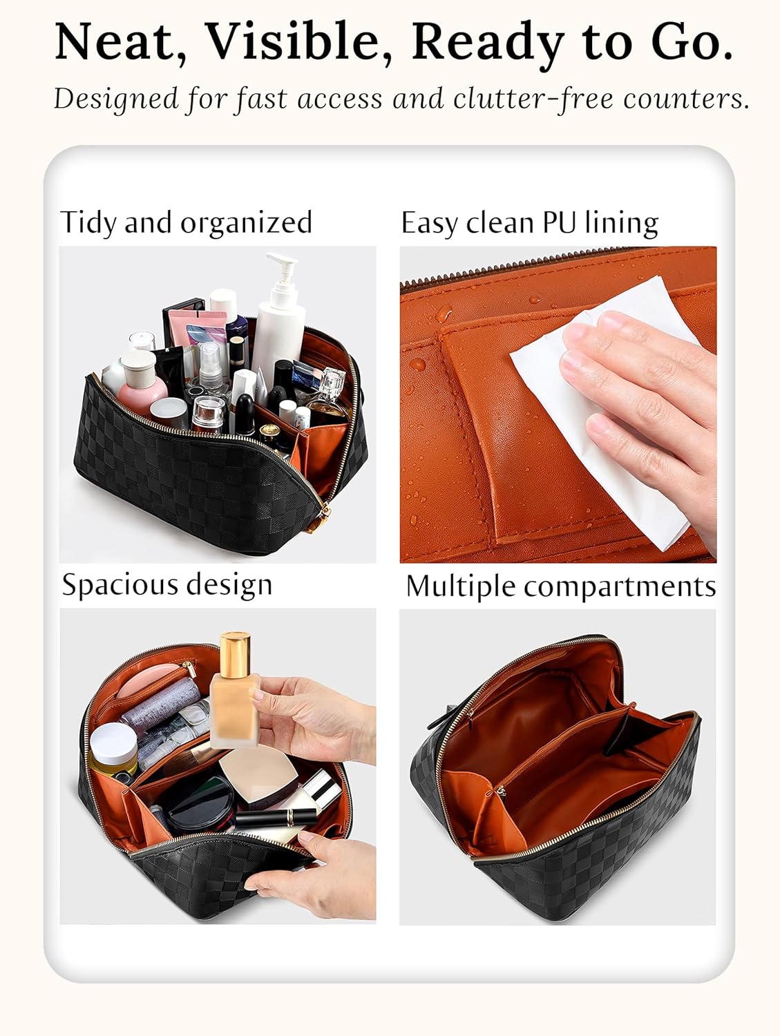 Large Capacity Travel Cosmetic Bag - Waterproof PU Leather Makeup Organizer with Dividers | Stylish Checkered Design