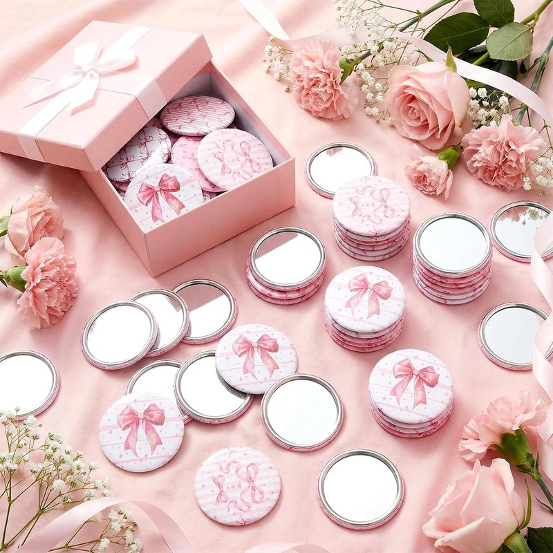 Compact Pink Bow Mirrors - 48 Pcs Mini Purse Mirrors for Women | Coquette Aesthetic Party Favors & Gifts