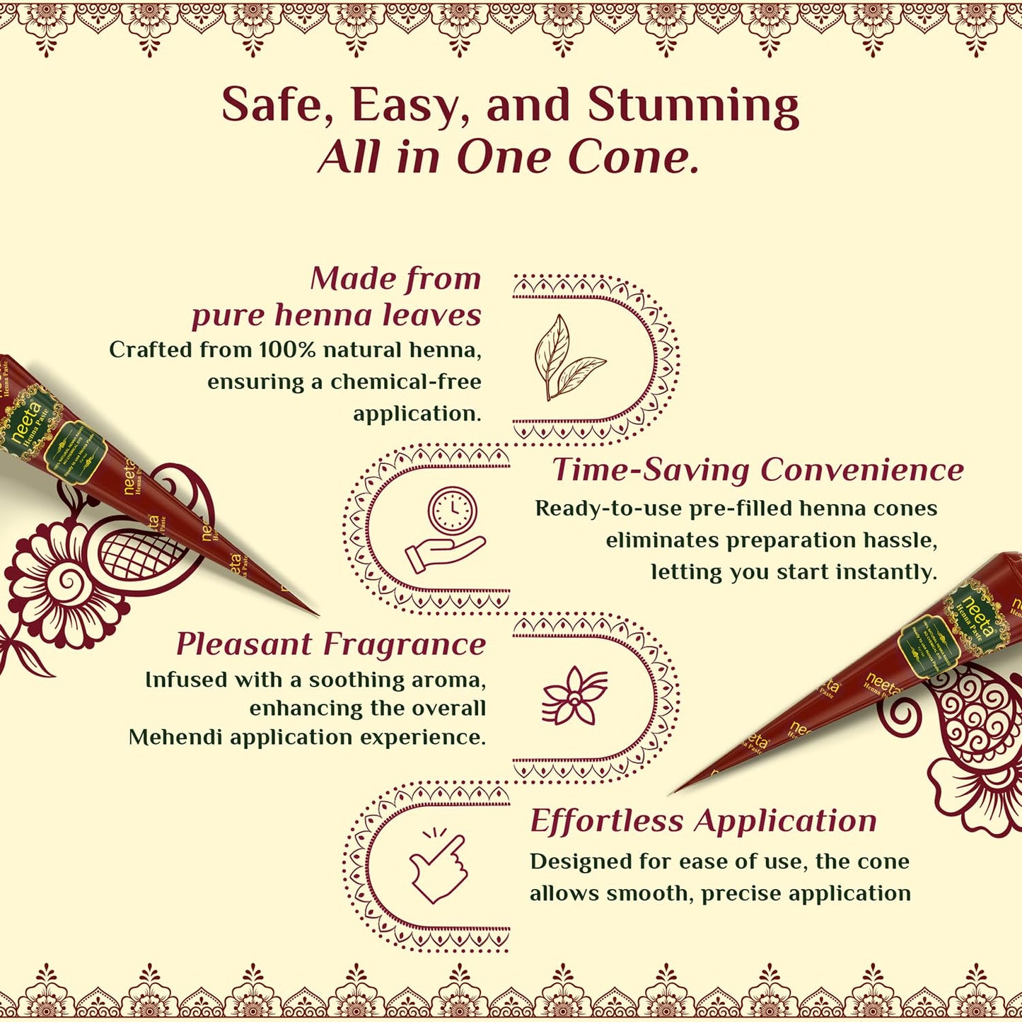 Neeta Ready-to-Use Henna Paste for Hair – Herbal Henna-Based Formula – Reddish Brown – Pack of 4 Cones