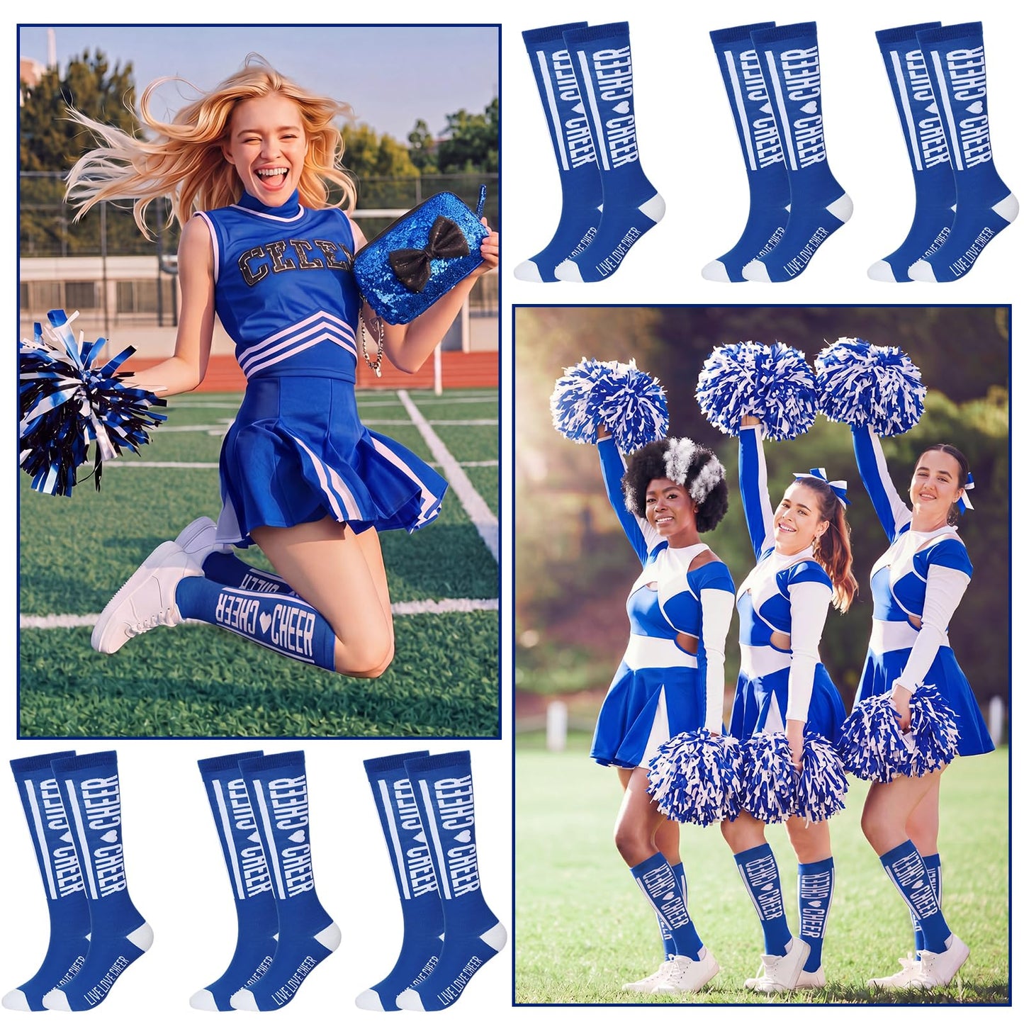 Twistover 6 Pairs Cheer Socks Bulk Live Love Cheer Cheerleader Team Knee-High Cheers Sock Spirit Team Accessories Gifts (Royal Blue)