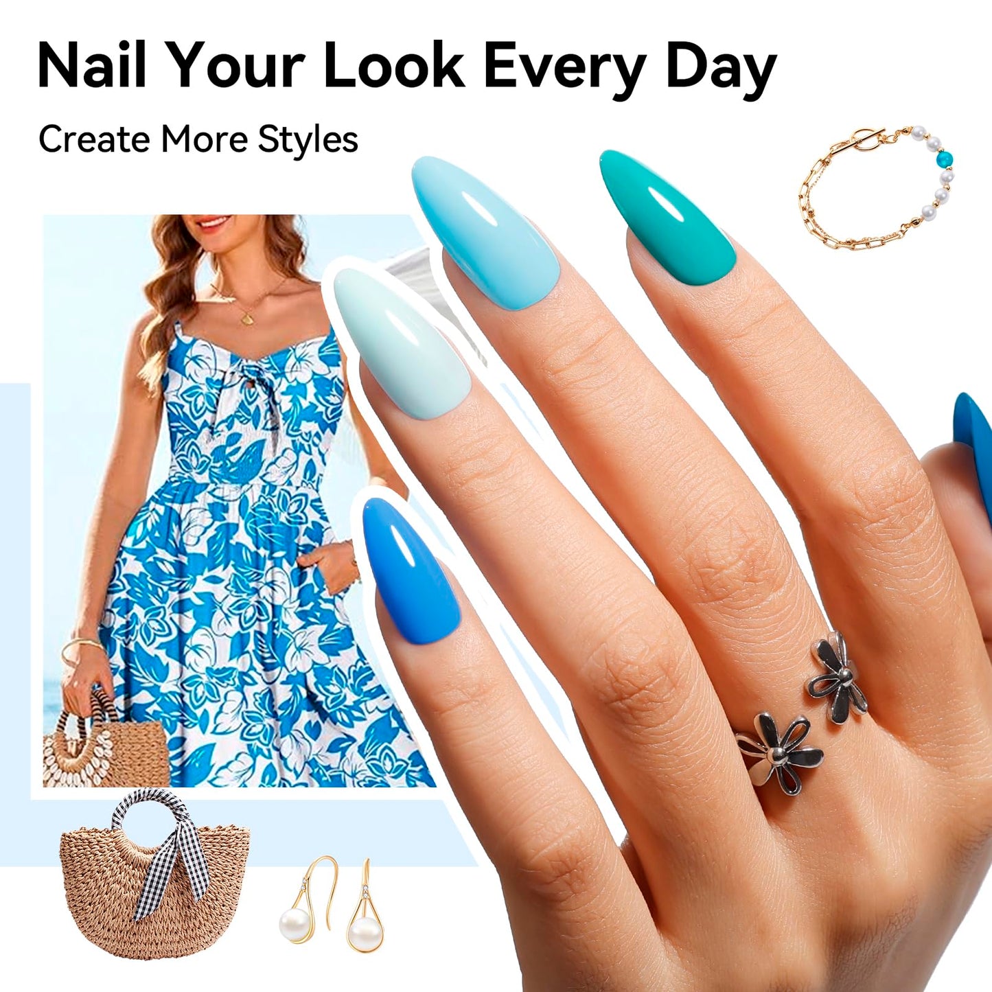 Nailshion Blue Nail Polish Set: 6 Colors Light Navy Royal Teal Ocean Baby Blue Collection Toe Fingernail Polish, Quick Dry Non Gel, High Gloss Shine, Summer Nail Art Gift for Women Girls