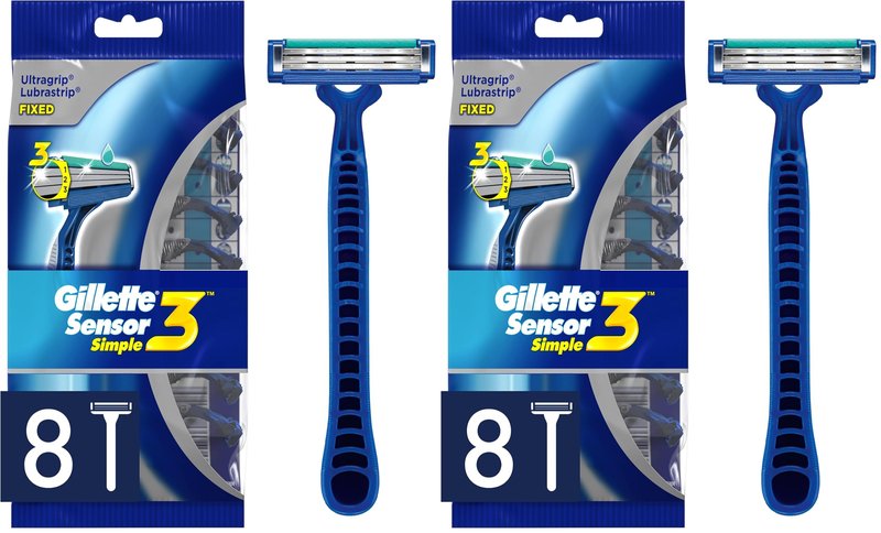Gillette Sensor3 Simple Men’s Disposable Razors, 8 Count (Pack of 2) Blue